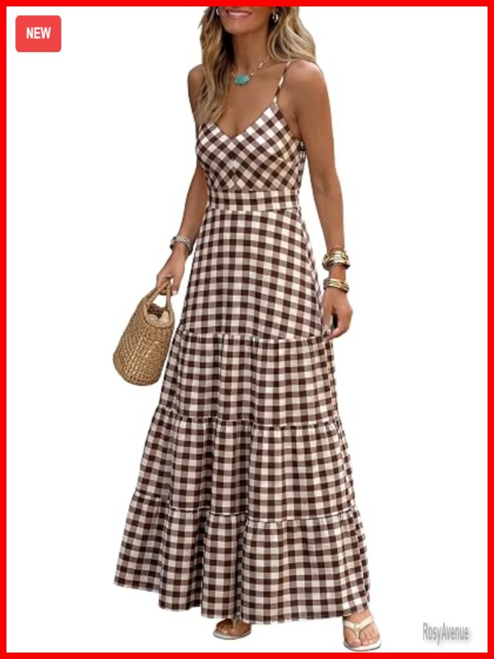 Smocked Maxi Dress with Pockets - Spaghetti Strap V Neck A-Line - Picture 1 of 7